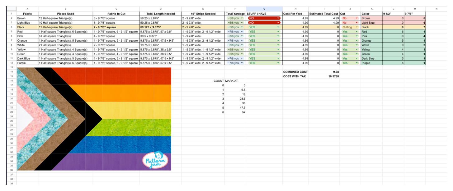 Quilt spreadsheet